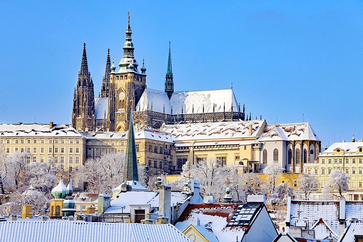 Snow-covered Prague Castle in the winter