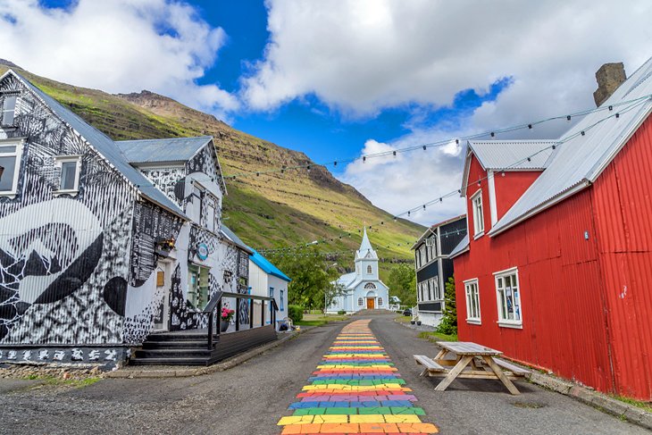 Rainbow path through Seydisfjordu village