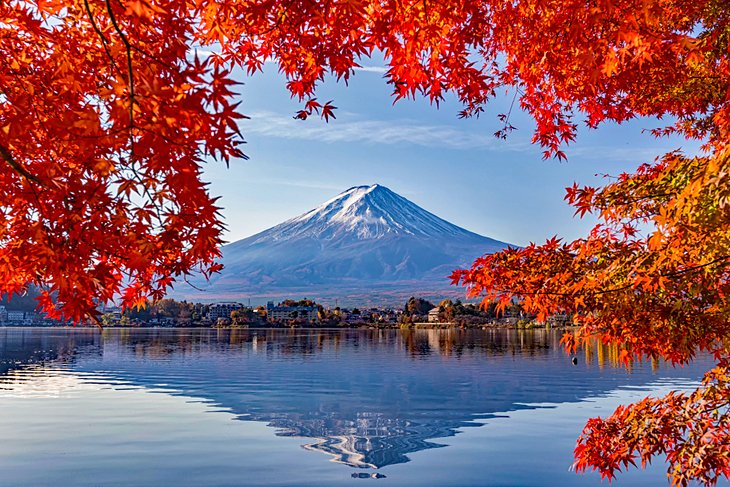 Mount Fuji framed by fall leaves
