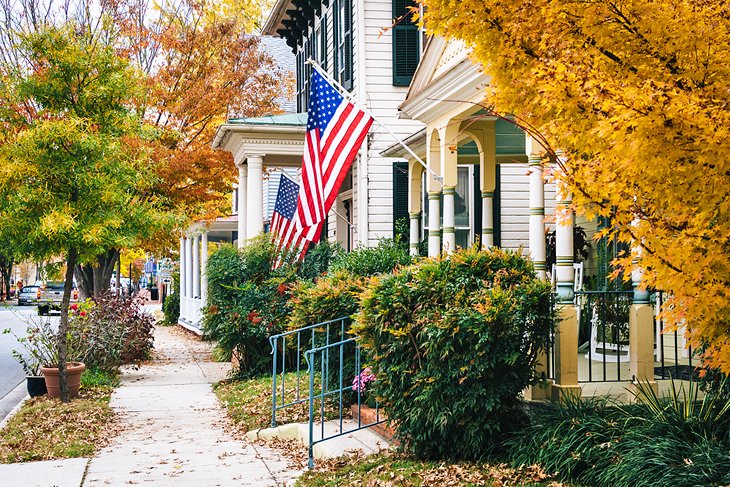 Autumn leaves and historic homes in Easton