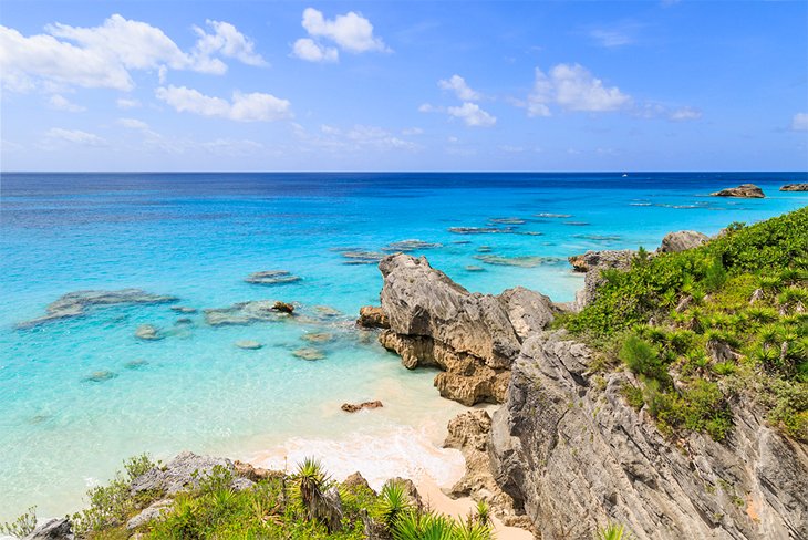Rocky coastline and blue water in Bermuda