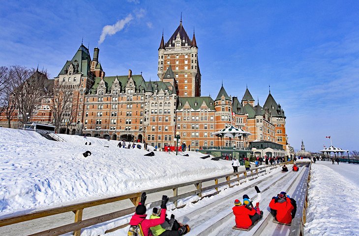 Toboggan riding in front of the Château Frontenac, Québec City
