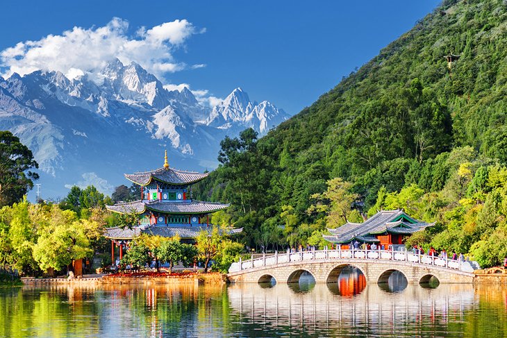 Moon Embracing Pavilion with Jade Dragon Snow Mountain in the distance