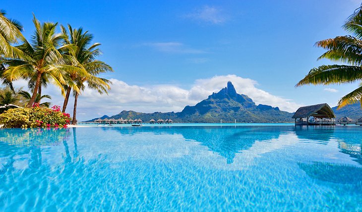 Resort swimming pool with a stunning view of Mount Otemanu