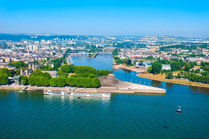 Aerial view of where the Rhine and Mosel rivers meet at Deutsches Eck