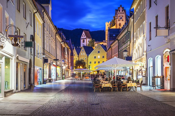 Nighttime photo of the beautiful town of Fussen on the Romantic Road
