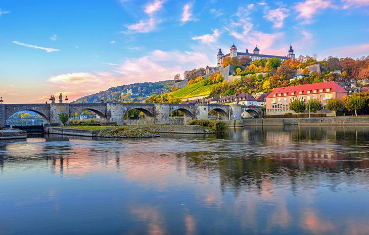 Marienberg Fortress and the Old Main Bridge in Wurzburg at sunset