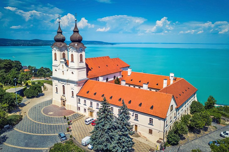 Aerial view of the Benedictine Abbey in Tihany and Lake Balaton