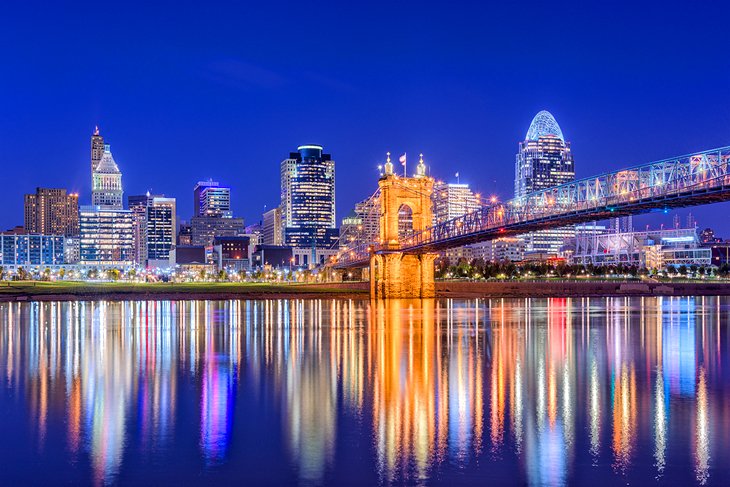 Colorful reflections on the Ohio River in Cincinnati