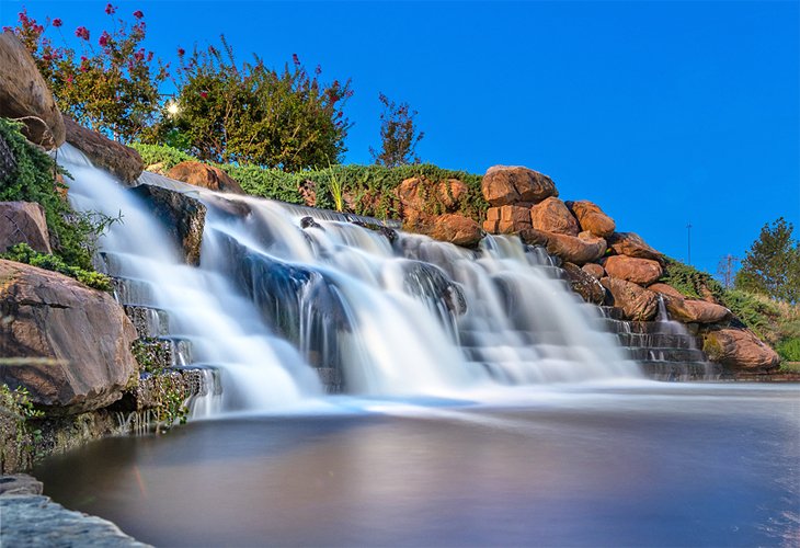 Bricktown Falls at dusk