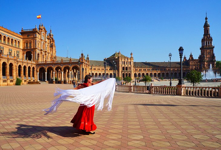 Flamenco dancer on Plaza de Espana in Seville