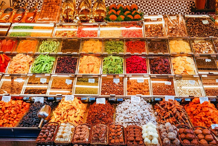 Food for sale at La Boqueria in Barcelona