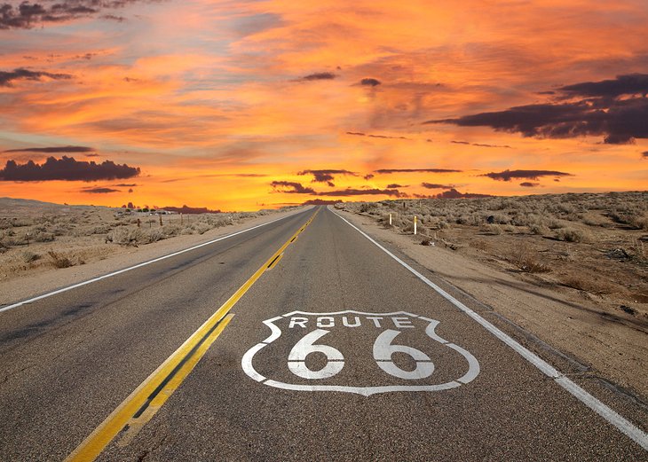Route 66 through California at sunset