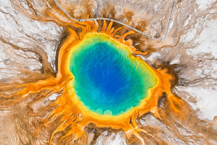 Aerial view of Grand Prismatic Spring, Midway Geyser Basin