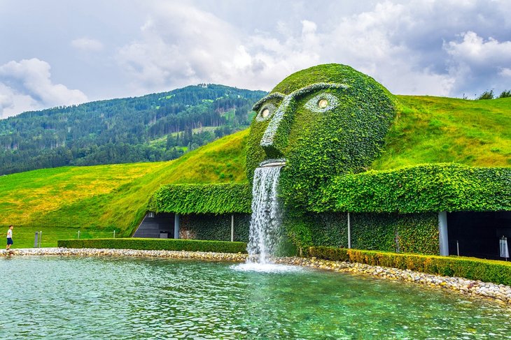 Giant waterfall at the entrance to Swarovski Kristallwelten