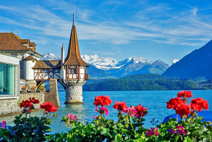 Oberhofen Castle on Lake Thun in the spring