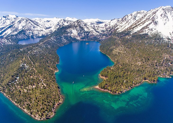 Aerial view of Lake Tahoe with snow-capped mountains