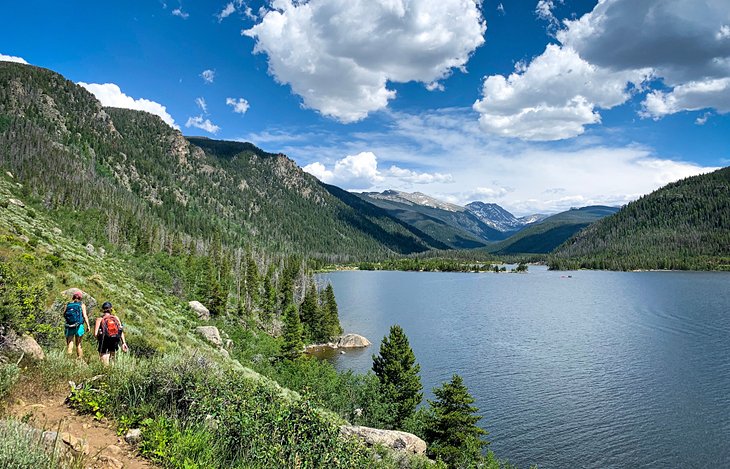 Hikers alongside Lake Granby