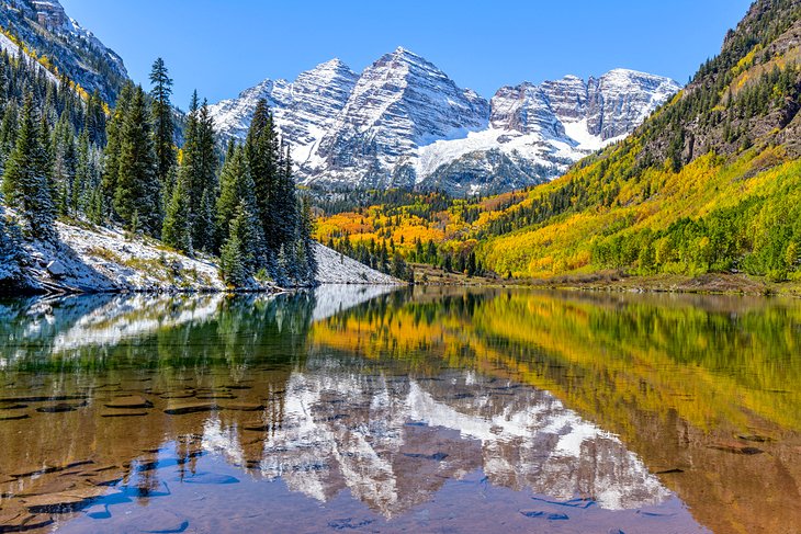 The snow-covered Maroon Bells near Aspen