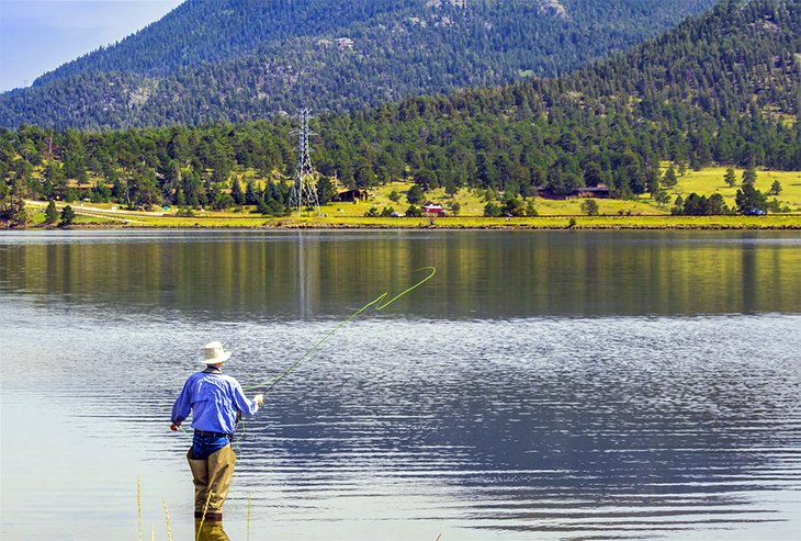 Fly fisherman casting at Lake Estes