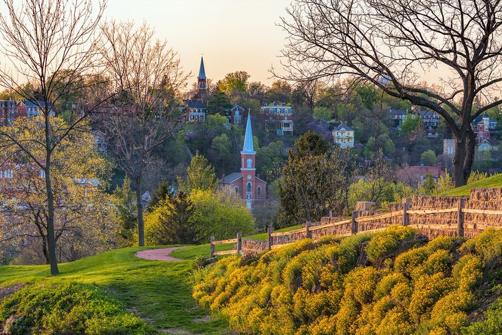 Rolling hillsides and historic buildings in Galena