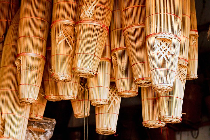 Traditional woven fish traps for sale at the Vientiane Morning Market