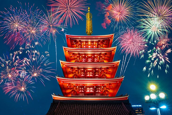 Fireworks at the Sensoji Temple in Tokyo