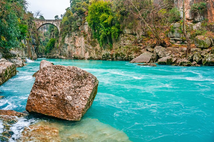 Oluk Bridge and the turquoise waters of the Kopru River in Koprulu Canyon