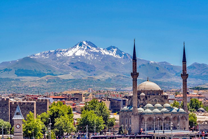 Kayseri city center with Mount Erciyes in the distance