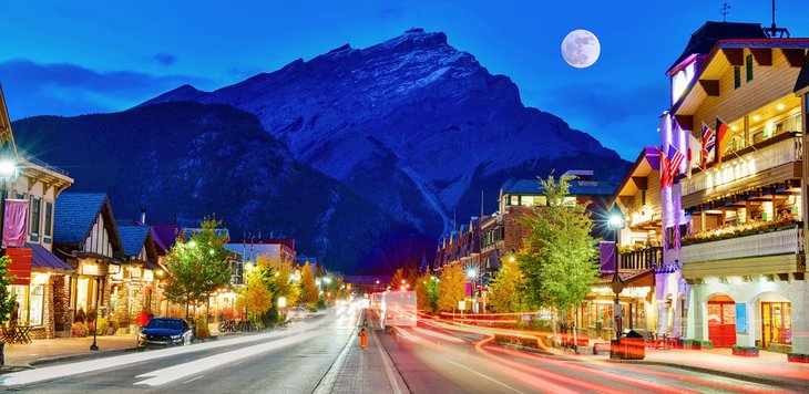 Banff Avenue in Banff at dusk