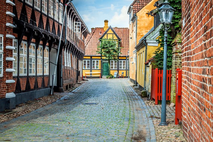 Charming cobblestone street in Ribe, Jutland
