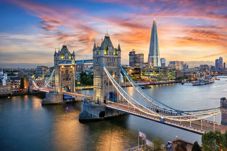 Aerial view of London Bridge at sunset