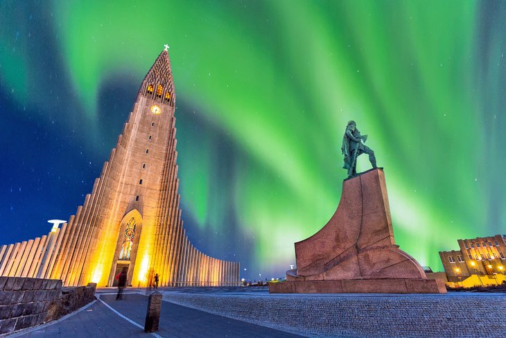 Aurora Borealis above Hallgrimskirkja Church in Reykjavik