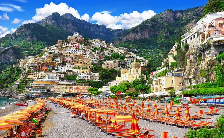 An umbrella-lined beach in Positano