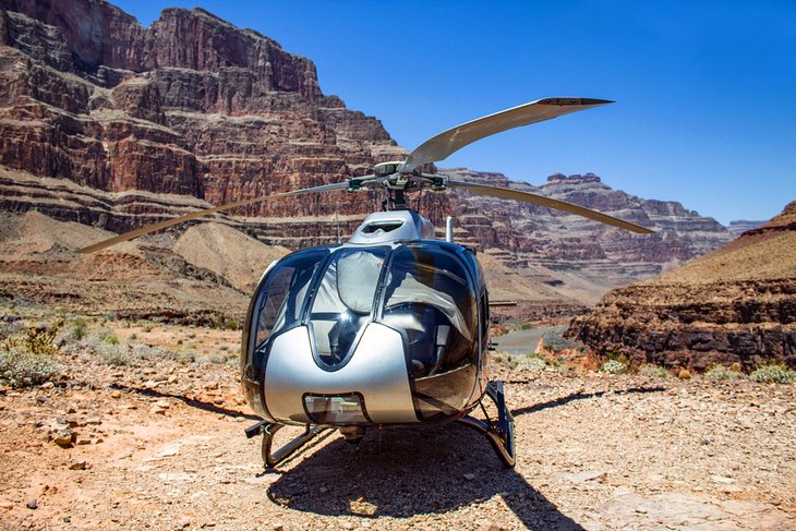 Helicopter parked at the bottom of the Grand Canyon