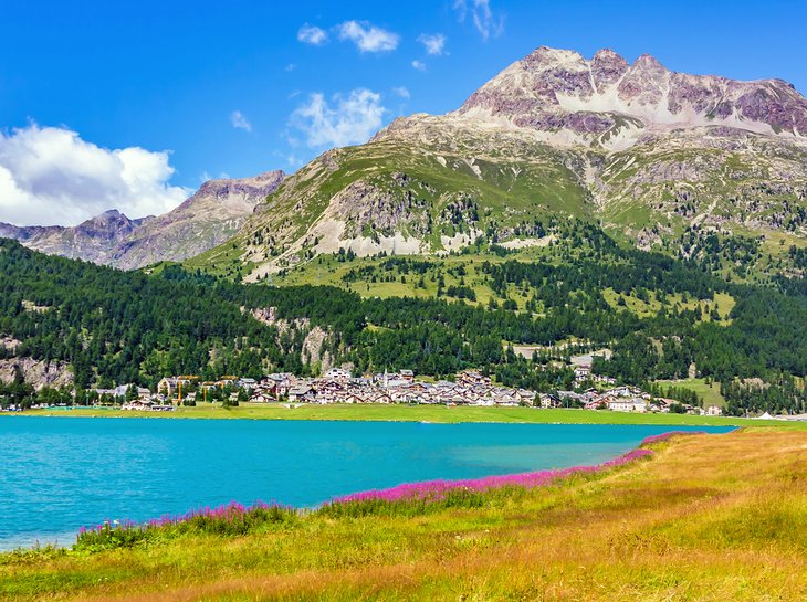 View of Silvaplana Lake and village along the Via Engiadina