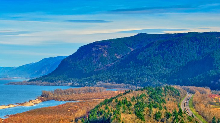 Aerial view of the Colombia River near Rooster Rock State Park