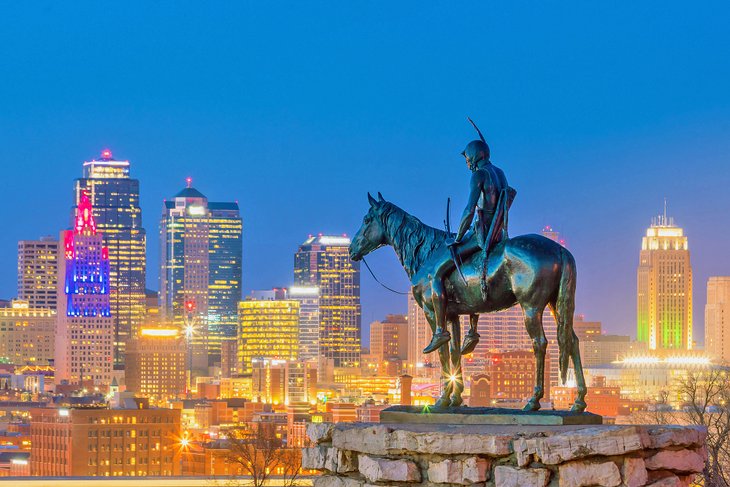 The Scout statue overlooking the Kansas City skyline