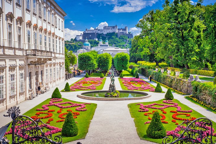 The Gardens of Mirabell Palace with Hohensalzburg Palace in the distance