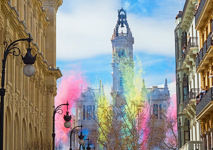 Town Hall Square in Valencia with Las Fallas fireworks