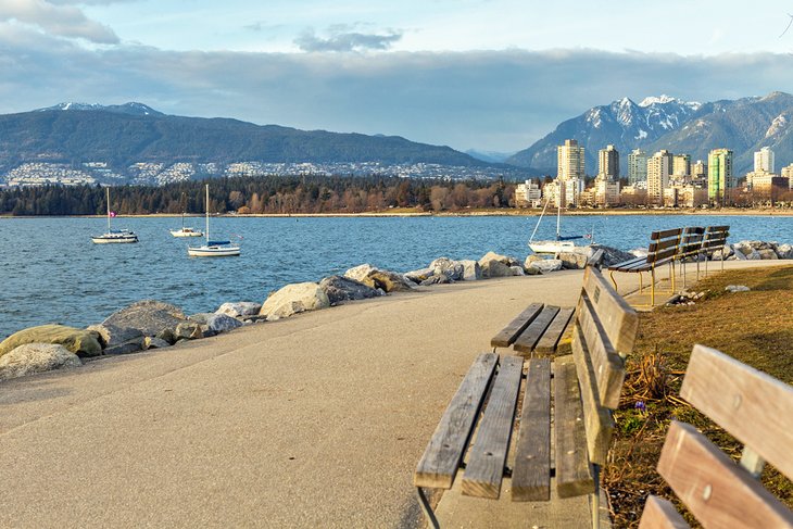 Benches and seawall at Hadden Park overlooking Vancouver
