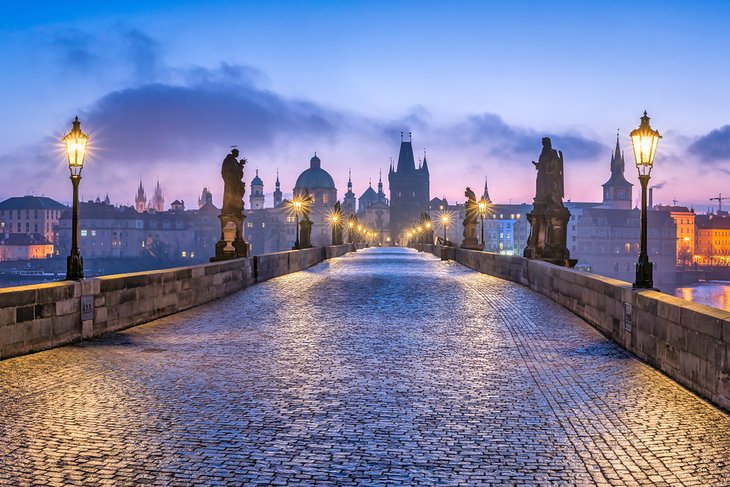 Lamplights on the Charles Bridge during winter