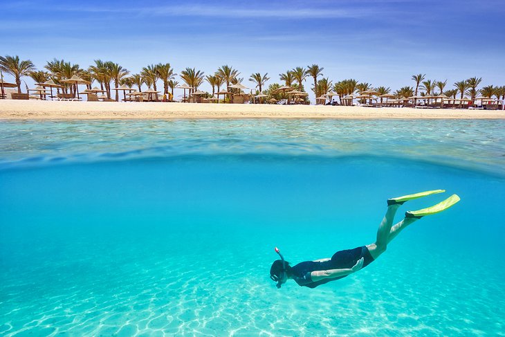 Snorkeler off the resort beach at Marsa Alam