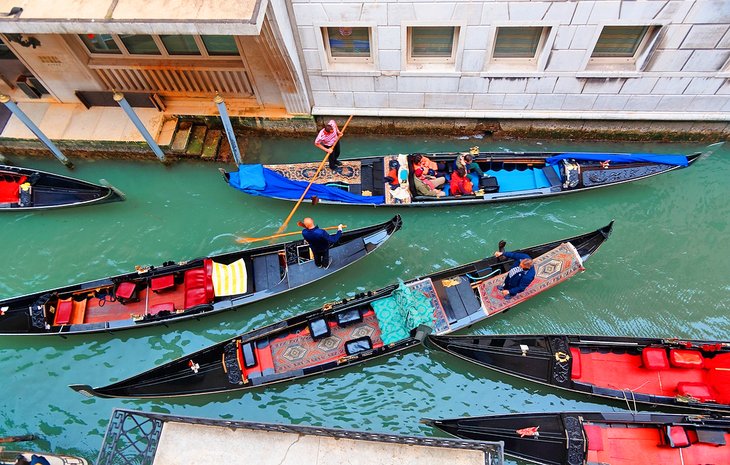 Aerial view of gondolas in Venice