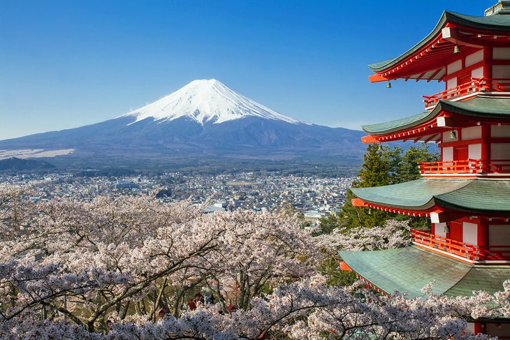 Mt. Fuji and Chureito Pagoda with Sakura blossoms