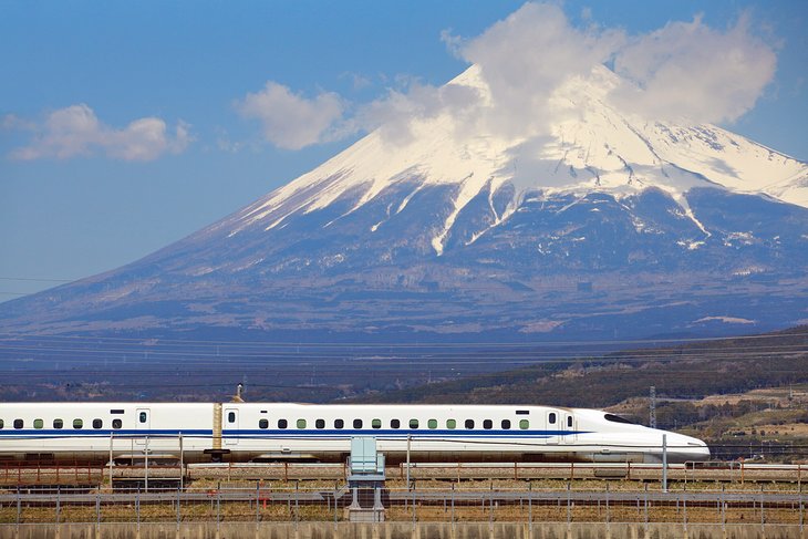 High-speed train passing Mt. Fuji