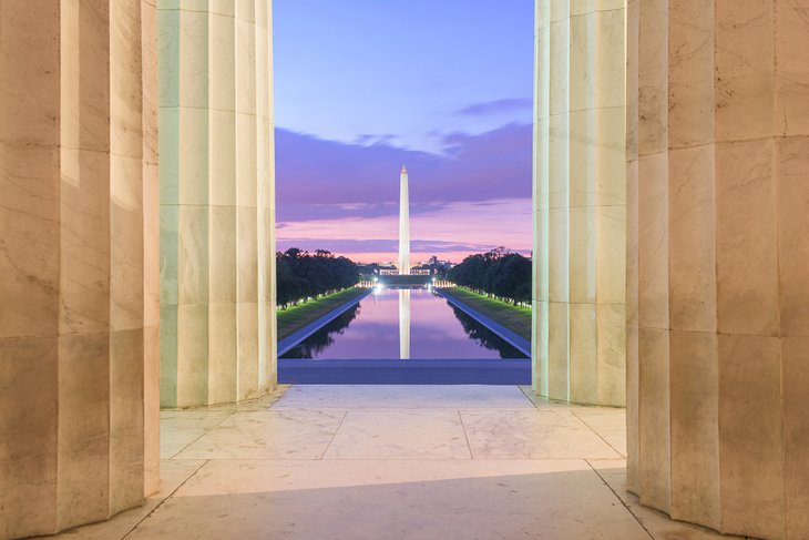 Washington Monument and Reflecting Pool from Lincoln Memorial at twilight