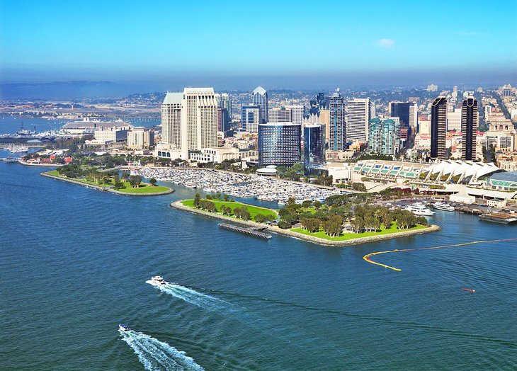 Aerial view of boats on San Diego Bay