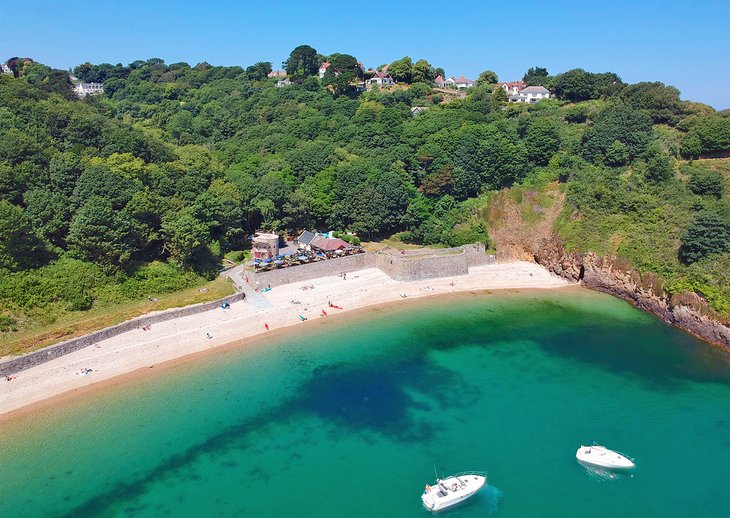 Aerial view of Fermain Bay along Guernsey's coastline