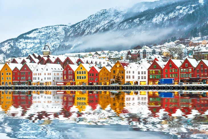 Colorful snow-topped buildings in Bergen